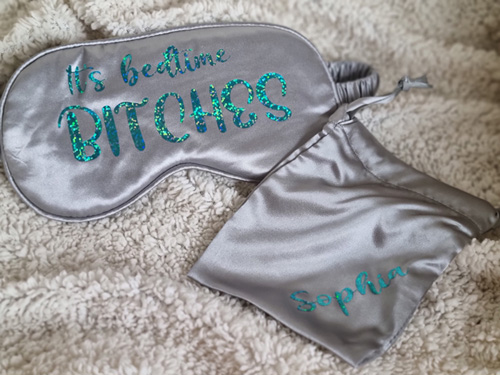 silk sleep mask with pouch and slogan it's bedtime bitches