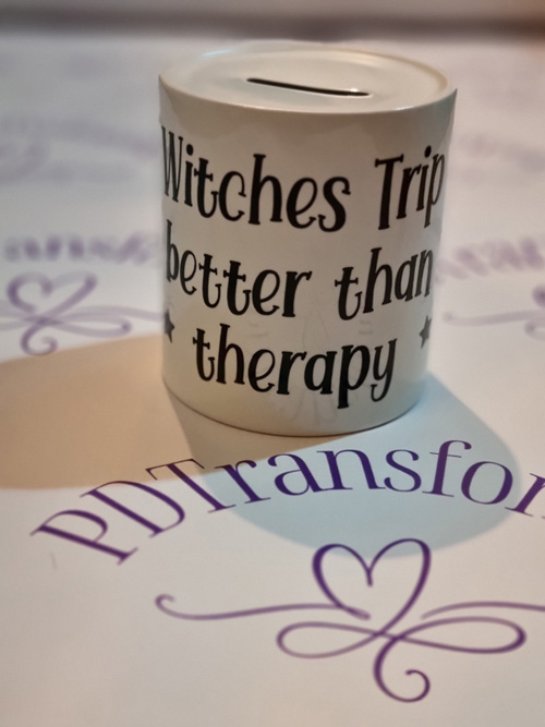 ceramic money box with witches trip better than therapy motive