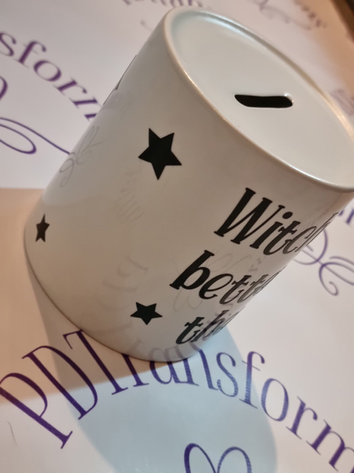 ceramic money box with witches trip better than therapy motive