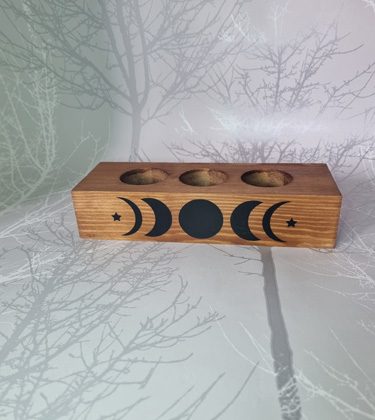 three tealight holder dark unteated wood with moon cycle motif