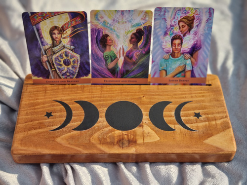 wooden three oracle card holder moon cycle motif