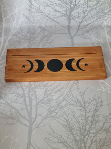 wooden three oracle card holder moon cycle motif