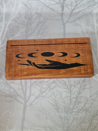 wooden three oracle card holder moon cycle motif