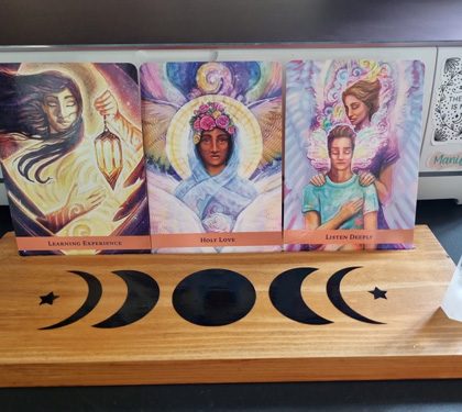 wooden three oracle card holder moon cycle motif