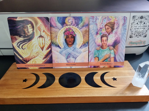 wooden three oracle card holder moon cycle motif